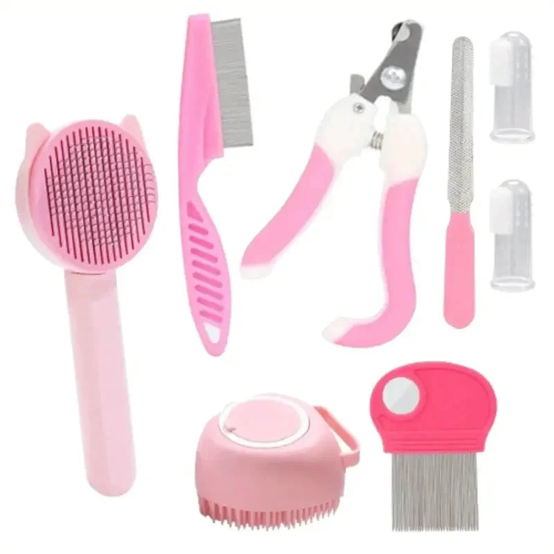 [14:1052#Pink suit] Kit de toilettage pour chats et petits animaux – 7 en 1